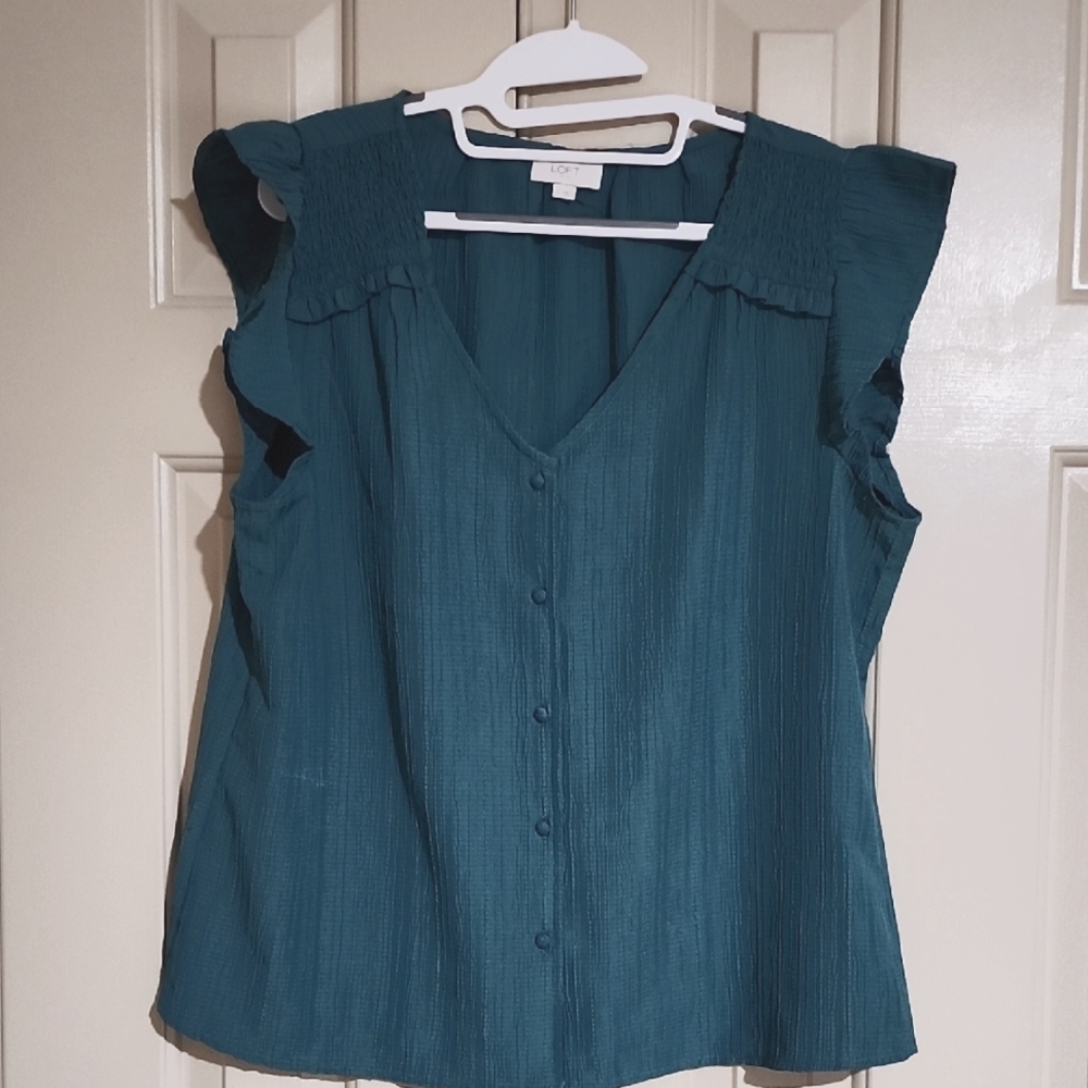 LOFT Green Flutter Sleeve Ruffled Blouse